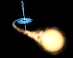 A star feeds gas into a nearby black hole's accretion disk. Image courtesy of StarDate.