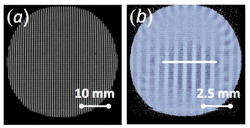 Image of a sample neutron grating on left, and a four-fold magnified image captured using the prototype neutron microscope. Courtesy of MIT.