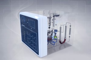 This artist’s rendition shows a chemical reaction “program” on the screen, while a “chemical computer” carries out the molecular program. Courtesy of L2Molecule.