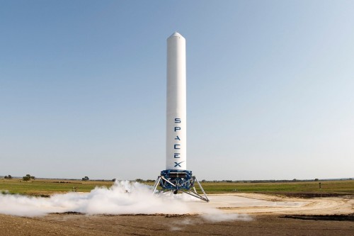 The reusable “Grasshopper” rocket system, developed by SpaceX, flew to a 250m height with 100m lateral maneuver and then regained its initial position on the launch pad. Grasshopper is the name fondly given to the over 10-story Falcon 9 test rig.  Courtesy of SpaceX. 