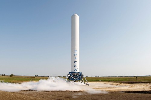 The reusable “Grasshopper” rocket system, developed by SpaceX, flew to a 250m height with 100m lateral maneuver and then regained its initial position on the launch pad. Grasshopper is the name fondly given to the over 10-story Falcon 9 test rig. Courtesy of SpaceX.