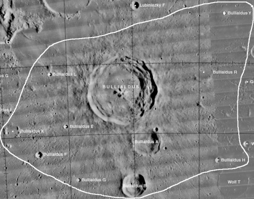 The Bullialdus crater, which has a diameter of 38 miles, provides scientists with an ideal site to study surface sediments that may have originated from deep below the Moon’s crust.  Courtesy of the USGS Digital Atlas of the Moon. https://the-moon.wikispaces.com/Bullialdus.