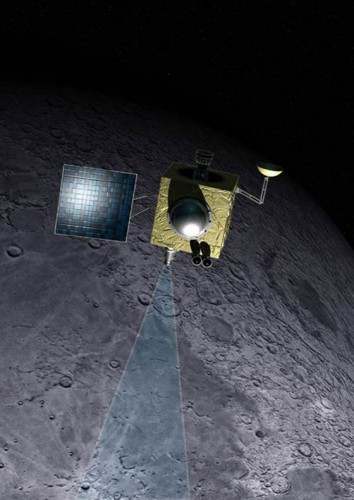 An artist’s rendition of the Moon Mineralogy Mapper shows the instrument orbiting the Moon. Light enters a main lens where it is subsequently filtered through prisms to produce a spectrum corresponding to a specific set of elements on the surface.  Courtesy of Dan Roam. https://www.nbcnews.com/science/moon-water-discovery-hints-mystery-source-deep-underground-8C11022792.