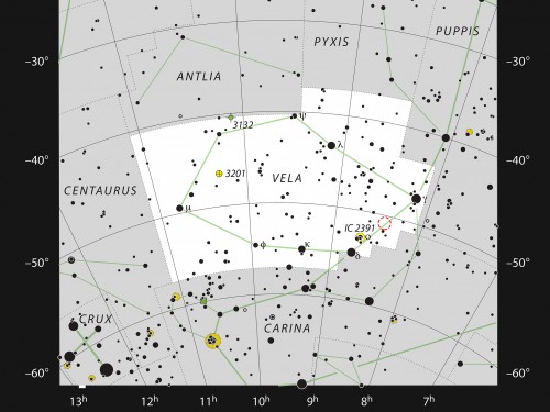 This chart shows the southern constellation of Vela (The Sails). The location of the star formation region that hosts the Herbig-Haro object HH 46/47 is indicated with a red circle. Courtesy of the European Southern Observatory.