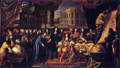 Depiction of Jean-Baptiste Colbert presenting the members of the Royal Academy of Sciences to Louis XIV, who founded the Academy in 1666. Courtesy of Wikipedia.