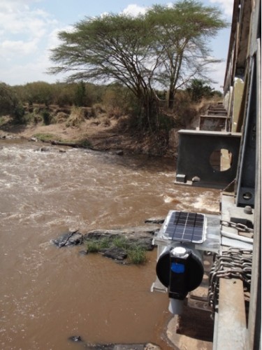 The water depth logger can be installed above the river, helping to prevent it from being damaged by floods and wildlife. Courtesy of Amanda Subalusky and Christopher Dutton.