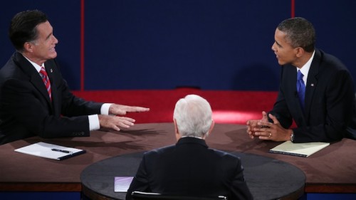 The results of the study suggest that eye contact between opponents — such as Obama and Romney in this presidential debate — may foster aggression rather than agreement. Courtesy of Getty Images.