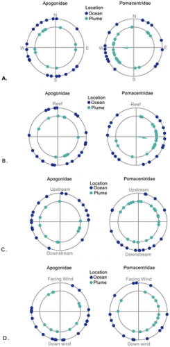 The two different species of larvae observed showed different responses to odor cues. Larval bearing were computed relative to a cardinal frame of reference, the ocean and plume water shown in the figure. Each dot represents an average individual bearing. The arrow points in the mean orientation direction of individual-level bearings. Courtesy of Claire Paris.