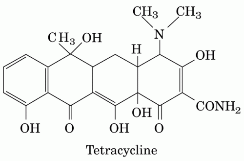 The structure of the widely used antibiotic tetracycline. A potent antibacterial, tetracycline is synthesized with an enzyme of the polyketide synthase class in Actinobacteria to fight off competing bacteria. Photo courtesy of Uppsala University, Sweden. 