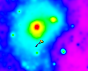 A false-color image of the dwarf galaxy IC3418 shown on the Virgo cluster illustrating the hot gas in the cluster and the ram-pressured stripped tail of stars in the galaxy. Courtesy of Jeffrey Kenney.