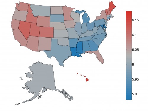 Average word happiness scores were calculated for each of the fifty states based on tweets. A map displaying the variation in these scores shows the geographic trends in happiness levels across the United States. Courtesy of Lewis Mitchell.