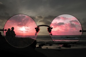 An abstract depiction of seeing things through a rose-colored glass, similar to how Dr. June Gruber suggests people with heightened positive emotionality view the world. Image courtesy of Lesedi Mphelo.