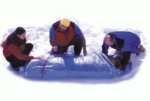 Rescuers demonstrate a “Human Burrito,” a technique used to field-rewarm hypothermia victims. Image courtesy of Wilderness Medicine Newsletter.