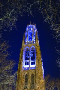 Autism awareness is growing as more is understood about the disease. Shown: Yale’s Harkness Tower lit up in blue for World Autism Awareness Day 2013. Photographed by Jiahe Gu. 