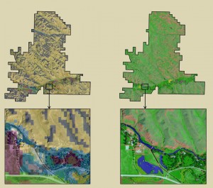 The UHPSI’s high resolution land cover data of the ranch (right) significantly trumps that of the National Land Cover Database. Image courtesy of the Ucross High Plains Stewardship Initiative.