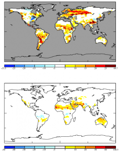 (Top panel) This color-coded map of the world shows regional change in vegetational isoprene emissions (mgC m-2 day-1) from the Mid-Pliocene to the preindustrial period. The deeper the yellow to red color, the more isoprene emissions decreased over time. Only the scattered blue regions represent increases in isoprene emissions by trees and plants. (Bottom panel) Another graphic from Unger’s paper, this map represents the change in soot emission from wildfires between the Mid-Pliocene and preindustrial periods (1×10-12 kg m-2 s-1). The color-coding functions the same way as in the isoprene emission map. (Image courtesy of Nadine Unger.)