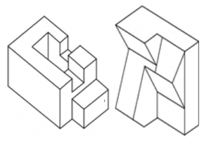 These are examples of the images used in the Impossible Figures Task. Participants are asked to determine if each image can exist in 3D space. The left image is a “possible” image that can exist in 3D, while the right image is an “impossible” image that can’t.  Image courtesy of Schacter, D.L.,Cooper, L.A.,Delaney, S.M., 1990. Implicit memory for unfamiliar objects depends on access to structural descriptions. J. Exp. Psychol. Gen. 119 (1), 5–24. https://dx.doi.org/10.1037/0096-3445.119.1.5