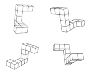  These are examples of the images used in the Mental Rotation Task. The top two images are considered to be the same object because one image is just a rotated version of the other. The bottom two are different objects because the configuration of the blocks differ.  Image courtesy of Peters, M. & Battista, C. (2007). Applications of mental rotation figures of the Shepard and Metzler type and description of a mental rotation stimulus library. Brain and Cognition, 66, 260–264.