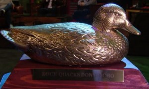 The “Golden Quack” trophy is bestowed onto the host who presents the most interesting fact of the night. Image courtesy of Amazon.