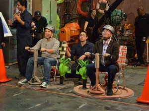 Hosts Tom Papa and Seth Herzog prepare to duke it out to see who’s the better homemade-hovercraft racer for science. Image courtesy of National Geographic Channel/Michael Negri.
