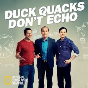 “Duck Quacks Don’t Echo” is a new trivia show hosted by (from left to right) Seth Herzog, Tom Papa, and Michael Ian Black. Image courtesy of Google Play.