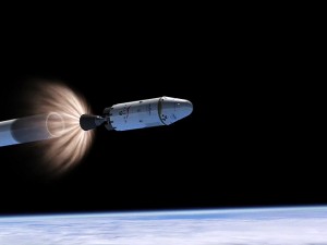 A computer simulation shows the second stage of Falcon 9 detaching from the first stage, propelling Dragon forward. Image courtesy of Wikimedia Commons.