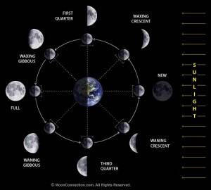 One hemisphere of the moon is always lit by the sun as the moon waxes and wanes. Image courtesy of Moon Connection.