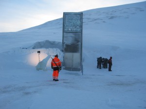 The Svalbard Global Seed Vault in Norway is a secure location containing seeds for more than 300 plant species, many of which are crops. The vault is kept at negative 18 degrees Celsius to preserve the genetic information stored in the seeds. Grass predicts that if stored under conditions similar to those of the Svalbard vault, digitally encoded DNA could last error free for a million years. Image courtesy of Dag Endresen and Wikimedia Commons.