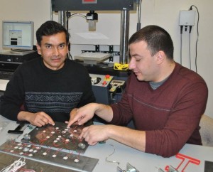 Chakrabartty (left) is one of the co-founders of the company Piezonix, a startup based in Michigan, and he has two patents on the self-powered sensor technology. Image courtesy of Shantanu Chakrabartty.