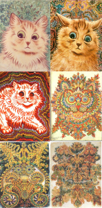 Anthropomorphized cats are a recurrent theme in English artist Louis Wain’s work, produced during his stays at various mental institutions. Psychologists have attributed this gradual abstraction as a symptom of his schizophrenia. Image courtesy of Wikimedia.