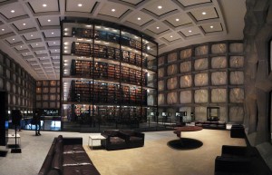 The glass stacks tower of the Beinecke Rare Book and Manuscript Library, a repository for medieval manuscripts at Yale University. Image courtesy of Lauren Manning (from Wikipedia).