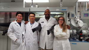 André Taylor, Associate Professor of Chemical and Environmental Engineering, and his team succeeded in creating a more efficient organic solar cell that mimics the function of a plant cell’s use of sunlight. From left to right: Francisco Antonio, Tenghooi Goh, Dr. André Taylor, and Dr. Marina Mariano Juste. Photo by Genevieve Sertic.