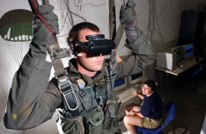 A U.S. Navy officer uses virtual reality simulators to train for parachute missions. Image courtesy of Wikimedia Commons.