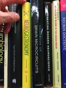 Professor Gordon Shepherd’s book, Neurogastronomy, on his bookshelf. In it, he describes how we perceive flavor, as well as how it affects our lives and society. Citation: Image courtesy of Diane Rafizadeh