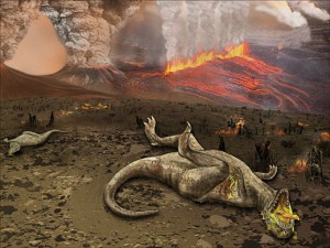 The K-T mass extinction, which wiped out most dinosaurs 65 million years ago, is one example of an instantaneous mass extinction. Image courtesy of Wikimedia Commons