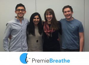 The PremieBreathe team is composed of former and current Yale students (from left to right): Charles Stone, Shirin Ahmed, Katy Chan, and Jordan Sabin. Other team members (not shown) include David Wang, Maddie Knapp, and Medha Vyavahare. Image courtesy of PremieBreathe.