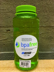 A water bottle bearing the a “BPA-free” logo, marketed towards consumers as a better alternative to plastic products containing BPA. Image courtesy of Wikimedia Commons.
