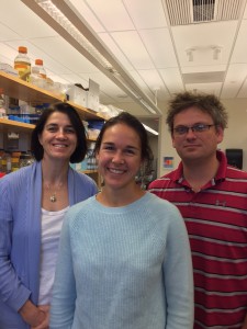 Christine Jacobs-Wagner (left), Professor of Microbiology at Yale University, poses with graduate student Molly Scott (center) and postdoctoral fellow Brandon Jutras (right). The team recently discovered a novel mode of cell growth and division in the bacterium Borrelia burgdorferi. 