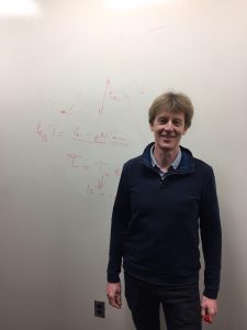 Dr. Pincet explains his research, utilizing the white board walls present at Yale’s West Campus facility. Visible on the board is an explanation of activation energy along with an analysis of the kBT unit that was used to quantify that activation energy during the experiment. Image courtesy of Dr. Frederic Pincet.