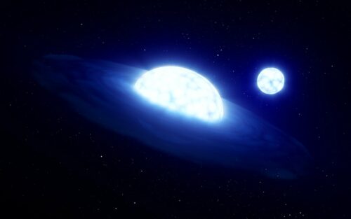 Artist Impression of HR 6819. Frost and colleagues have determined that HR 6819 is a binary system with a B emission star (center) and a stripped B star (right).